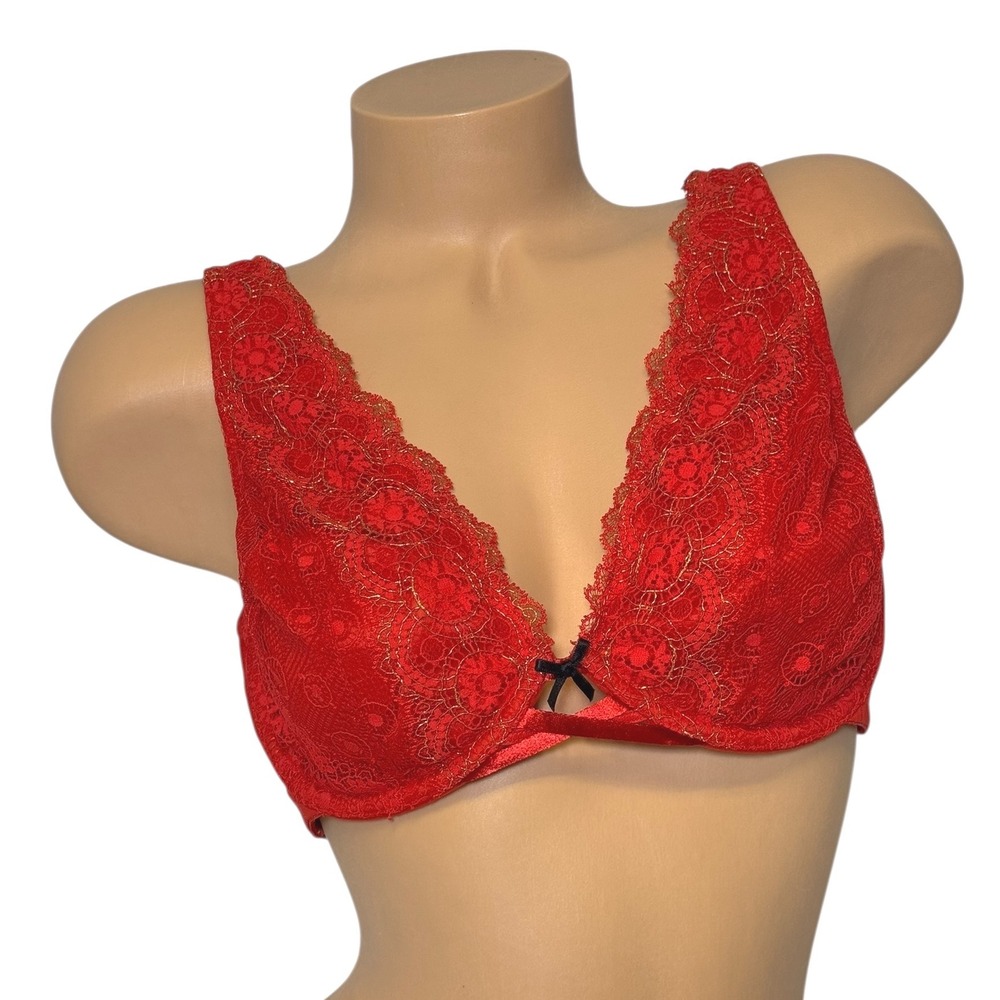 Cacique Size 44B Unlined Red Lace Plunge Bra with Gold Accents Bow Underwire